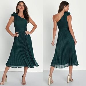 Lulus Special Charm Teal Pleated Swiss Dot One-Shoulder Midi Dress L Wedding NWT